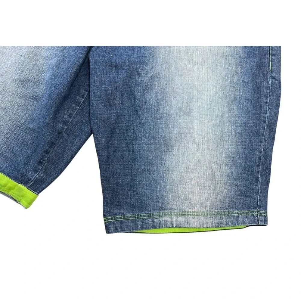 GodBody Men's Blue Jean Shorts Baggy Y2K Skater Streetwear Size 44 Lime Trim